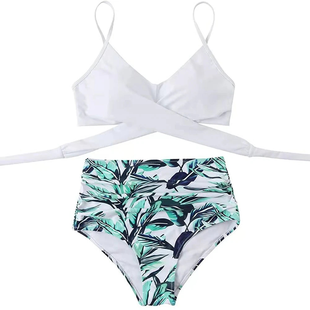 Hot 12 Colors Women Slim Bikini Sets High Waisted Sexy Swimwear 2 Pieces 2025 Solid/Floral Ruched Brazilian Swimsuit Cross Front