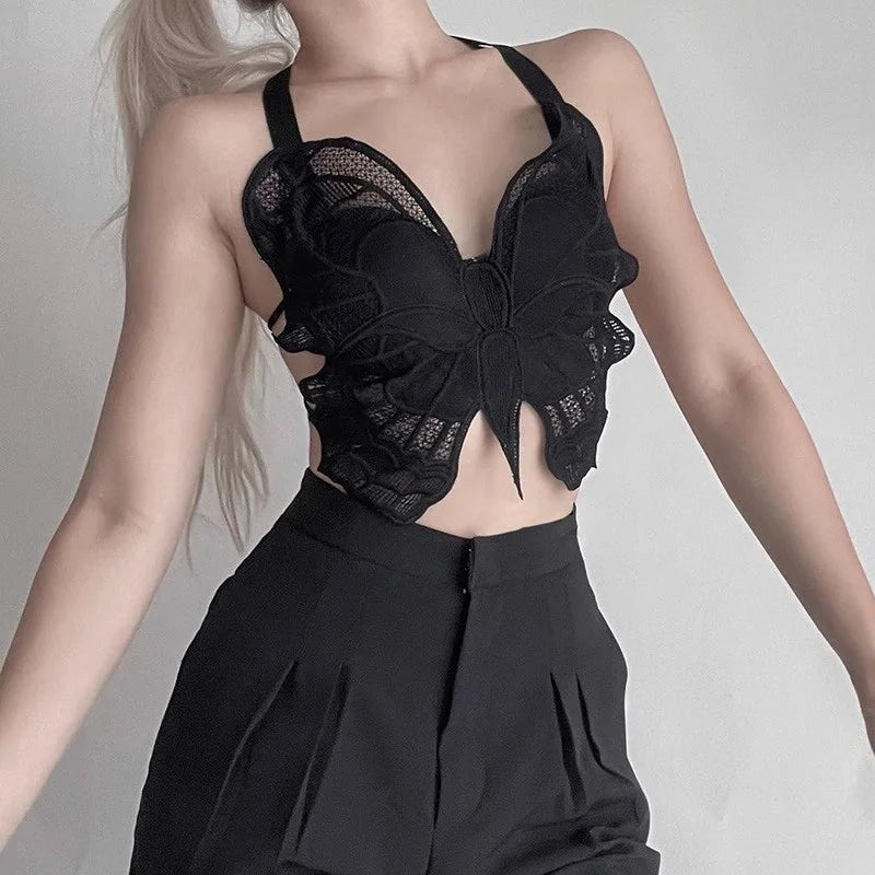 Summer Lace Butterfly Slim Sexy Exposed Navel Padded Camisole TankTop