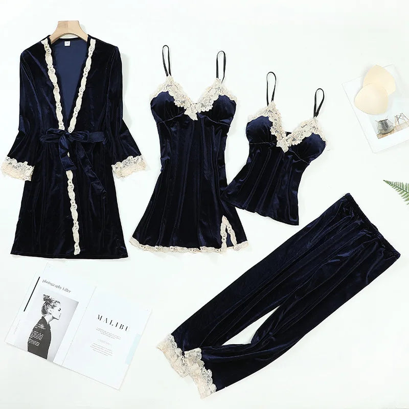 Women’s 4-Piece Velour & Lace Velvet Pajama Set – Long-Sleeve Intimate Homewear