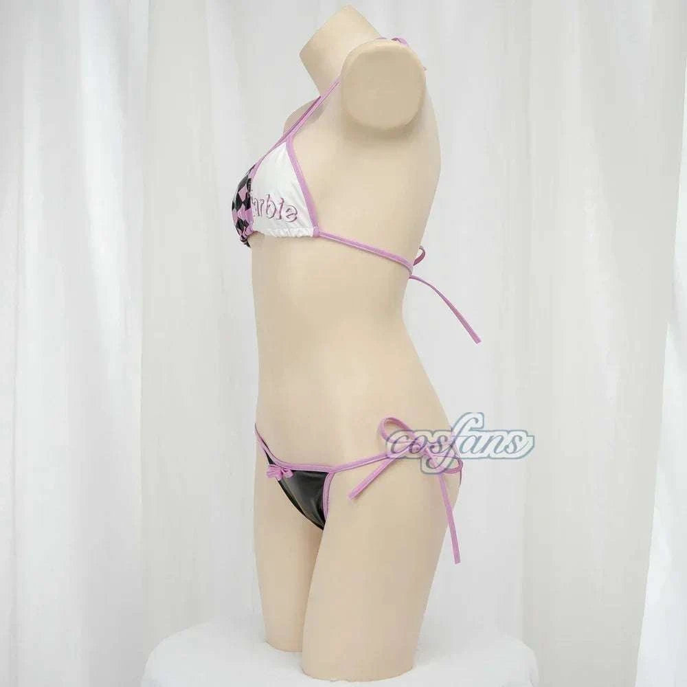 Women Three Point Underwear Set Cosplay Costume Barbie Cute Girl Pink Black Plaid Bikini Swimsuit