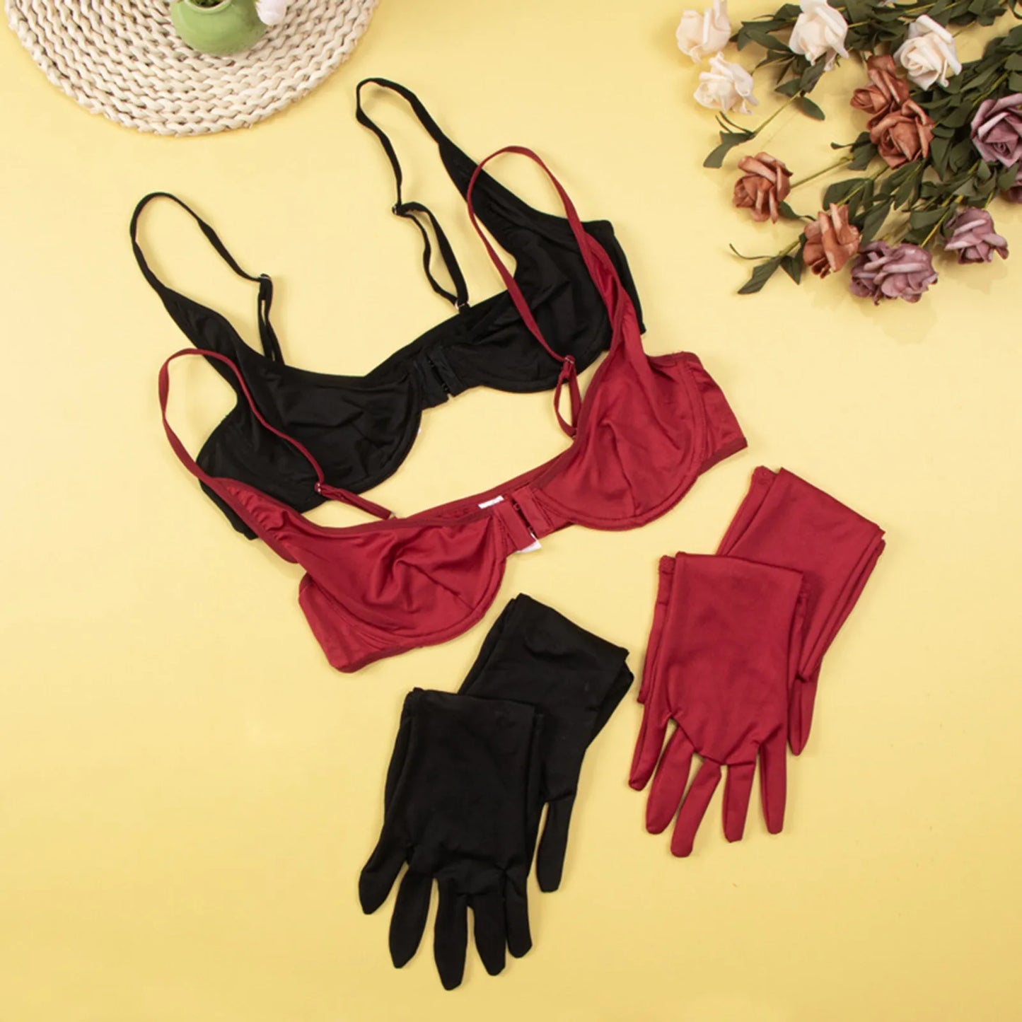 Women's Sexy Lingerie 3piece Set with Gloves Porn Underwear Set Low Cut Half Cup Bra Bodycon Skirt Roleplay Erotic Costumes