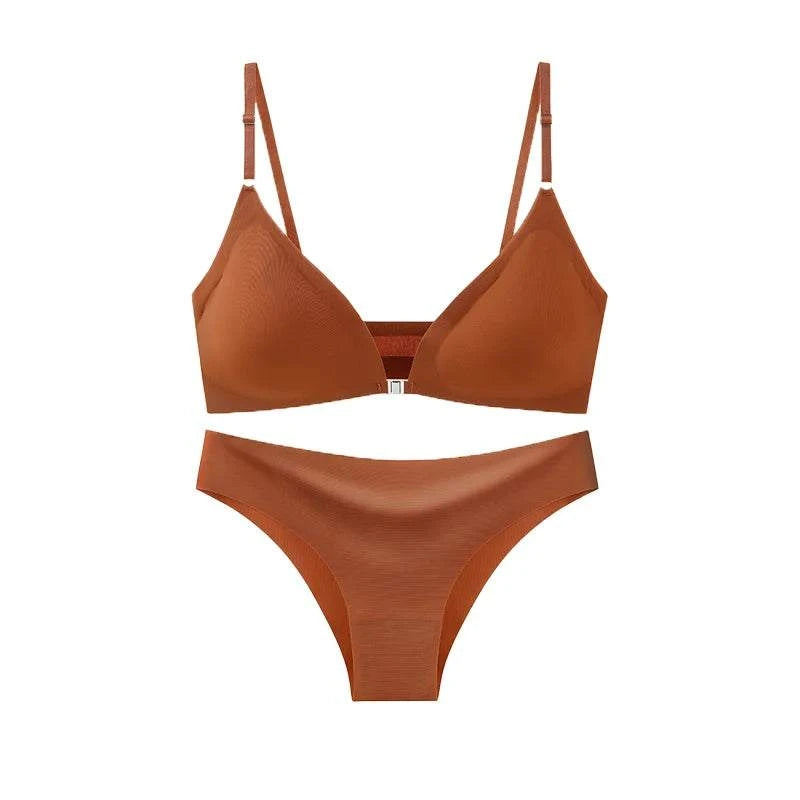 Ice Silk Underwear Set Solid Color Seamless Bra Wireless Front Buckle Push Up Bra Comfortable Panties Sexy Underwear Set