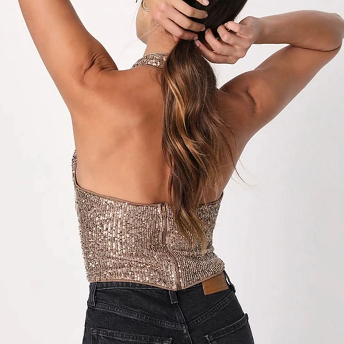 Summer Women'S Tanks Women Fashion Solid Sequin Hanging Neck Vest Round Neck Tank Vest Shirt Crop Top Tanques De Mujer