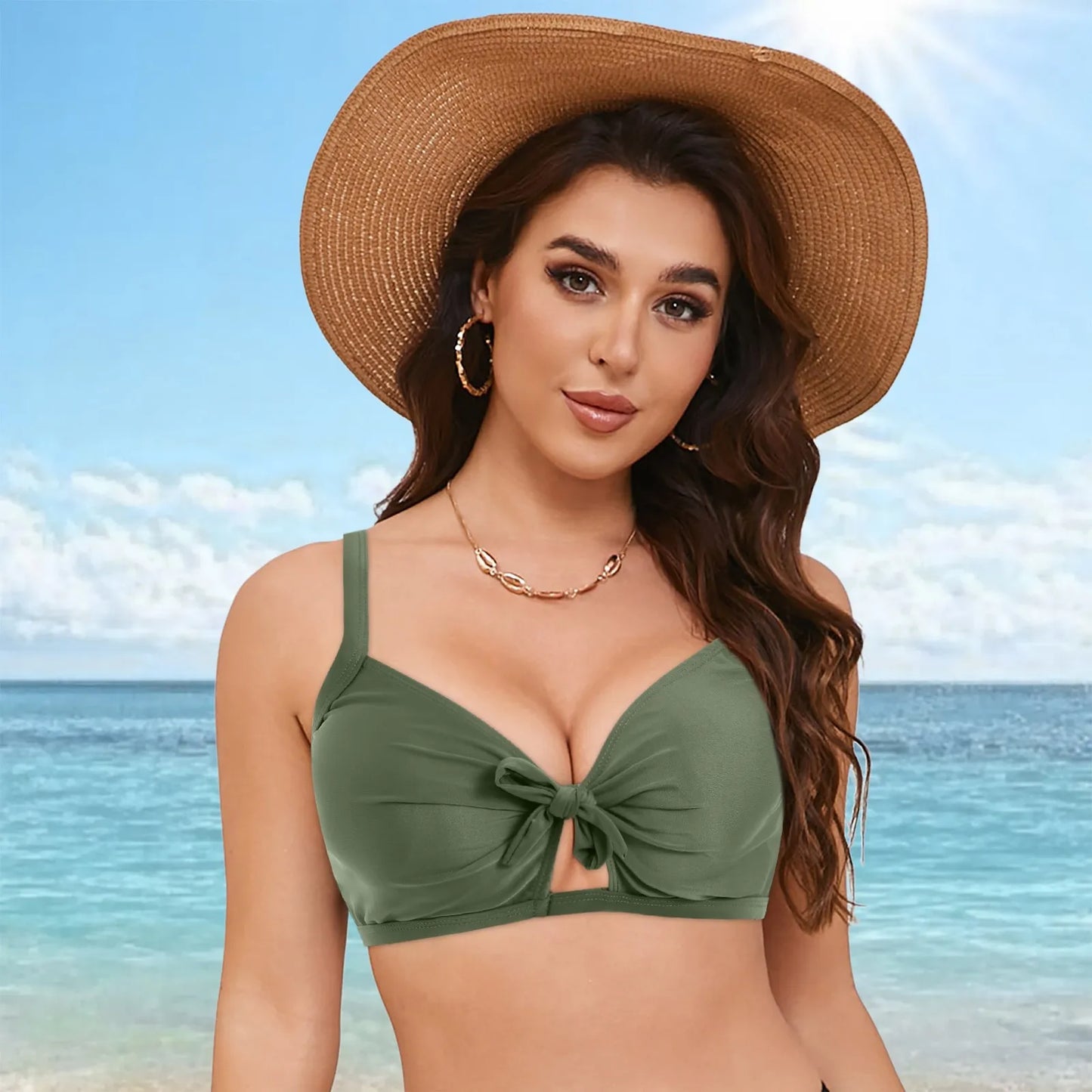 Women Swimwear Wrapped Knot Solid Color Push Up Gathering Sexy Bikini Tops Full Coverage Backless Tankini Tank Tops Beachwear