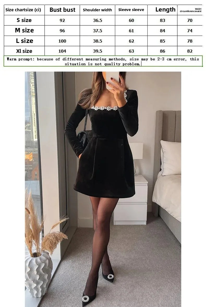 Elegant Short Velvet Dress with Diamond Embellishment Square Collar Independent Station Cross-border Spring Women's Fashion