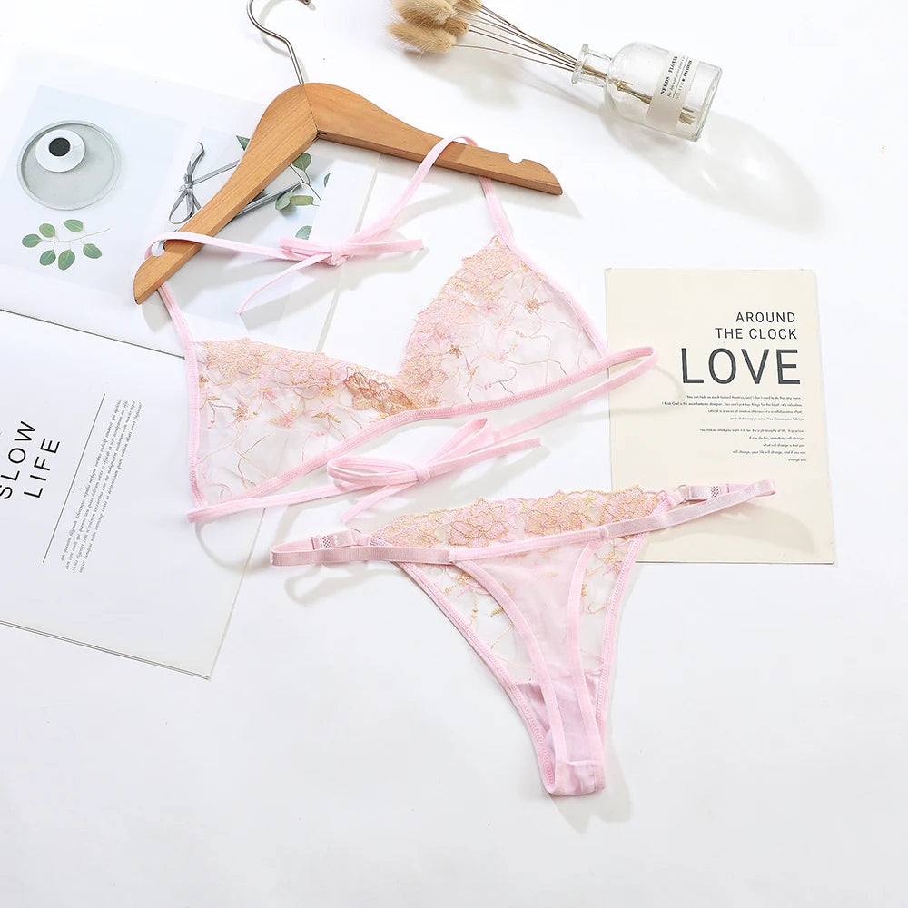 Women’s Ultra-Thin Mesh & Lace Backless Bralette & Brief Set – Seamless Transparent Lingerie