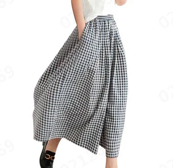 2024 Summer New Culotte Pants High Waist Pleated Slanted Pocket A-Shaped Wide Leg Covering Span Checkered Printing Trousers