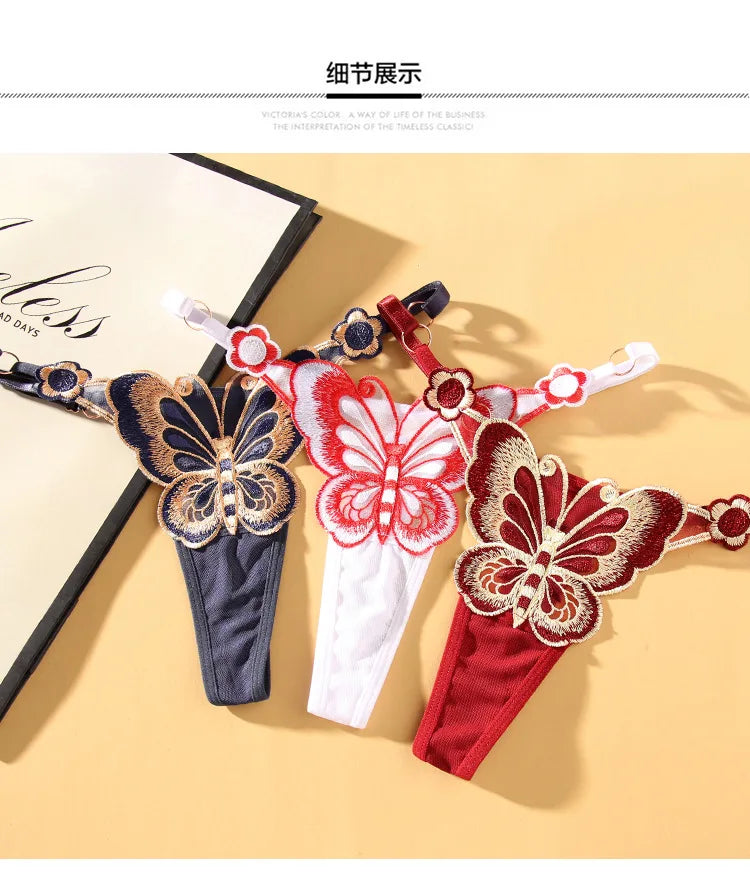 Cute Butterfly Embroidery Women Thongs And G strings Sexy Transparent Mesh Briefs Adjustable Waist Panties Culotte Femme