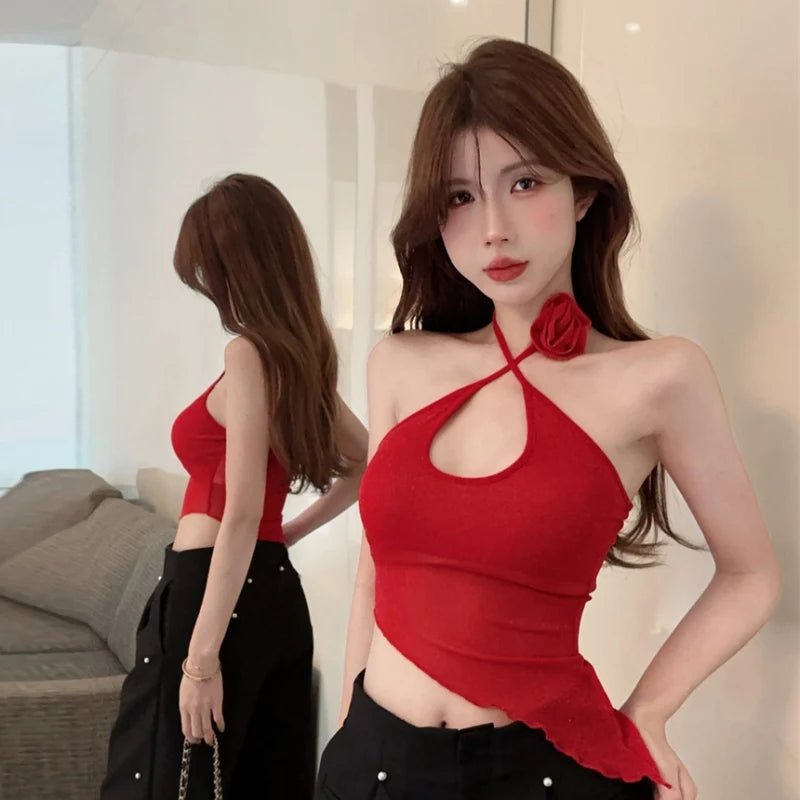 Korean Version of Red Halterneck Irregular Three-dimensional Flower Decoration Slim Sexy Fashion Camisole Top