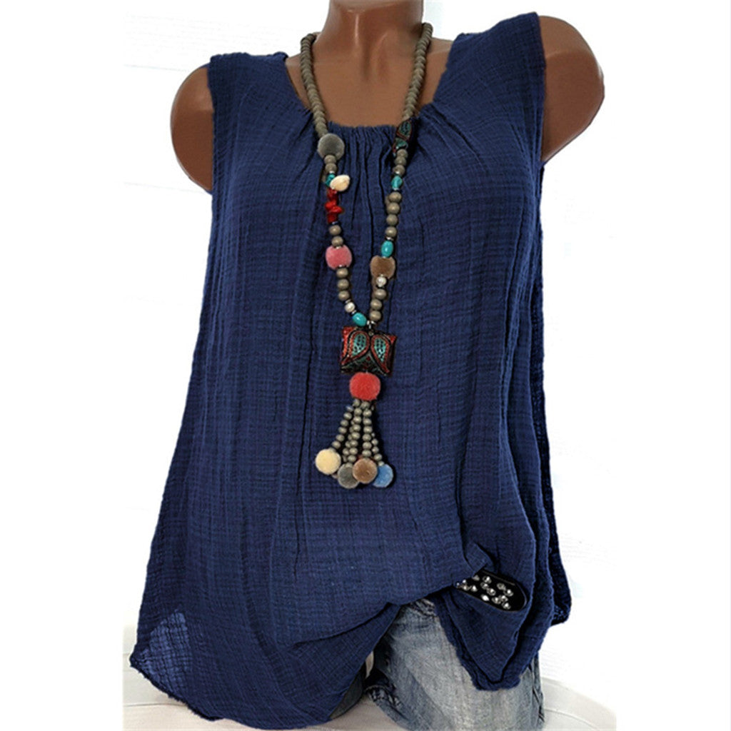 Plus Size Cotton Linen Sleeveless Baggy Tank Top – Casual U-Neck Summer Vest Blouse for Women