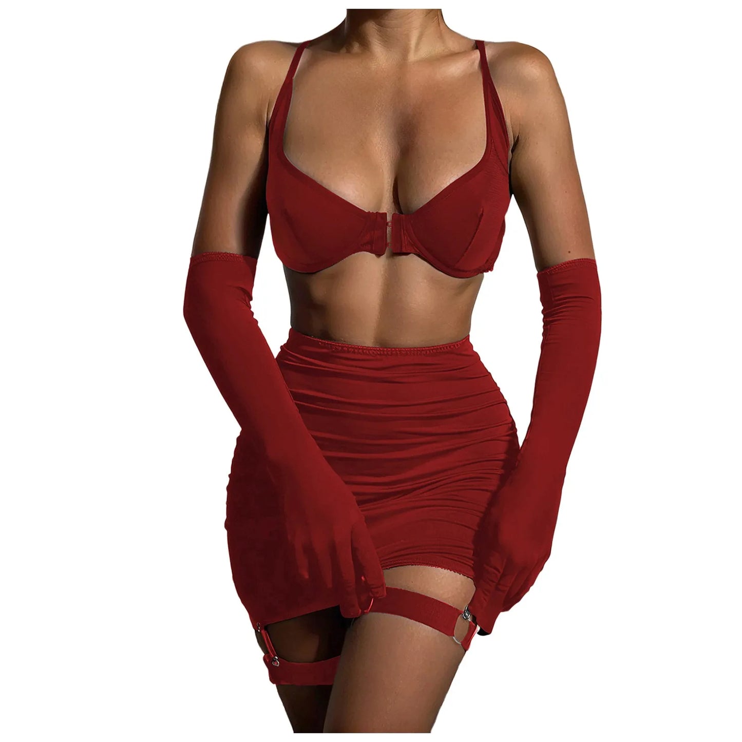 Women's Sexy Lingerie 3piece Set with Gloves Porn Underwear Set Low Cut Half Cup Bra Bodycon Skirt Roleplay Erotic Costumes