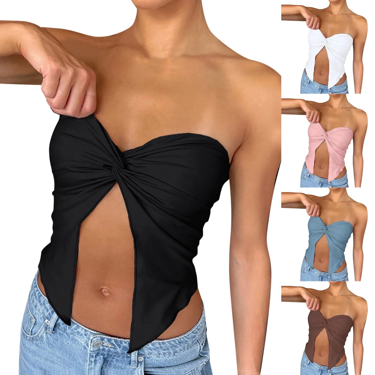 Ruched Strapless Bandeau Crop Top – Casual Backless Tube Top for Women