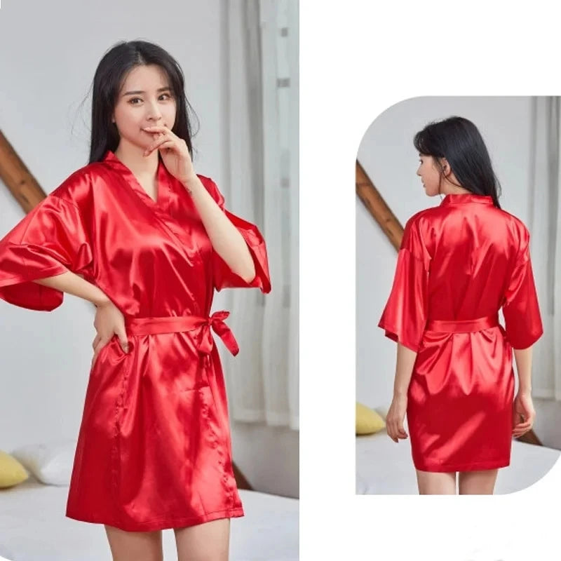 Women Silk Satin Short Night Robe Solid Kimono Robe Fashion Bath Robe Sexy Bathrobe Peignoir Femme Wedding Bride Bridesmaid Robe