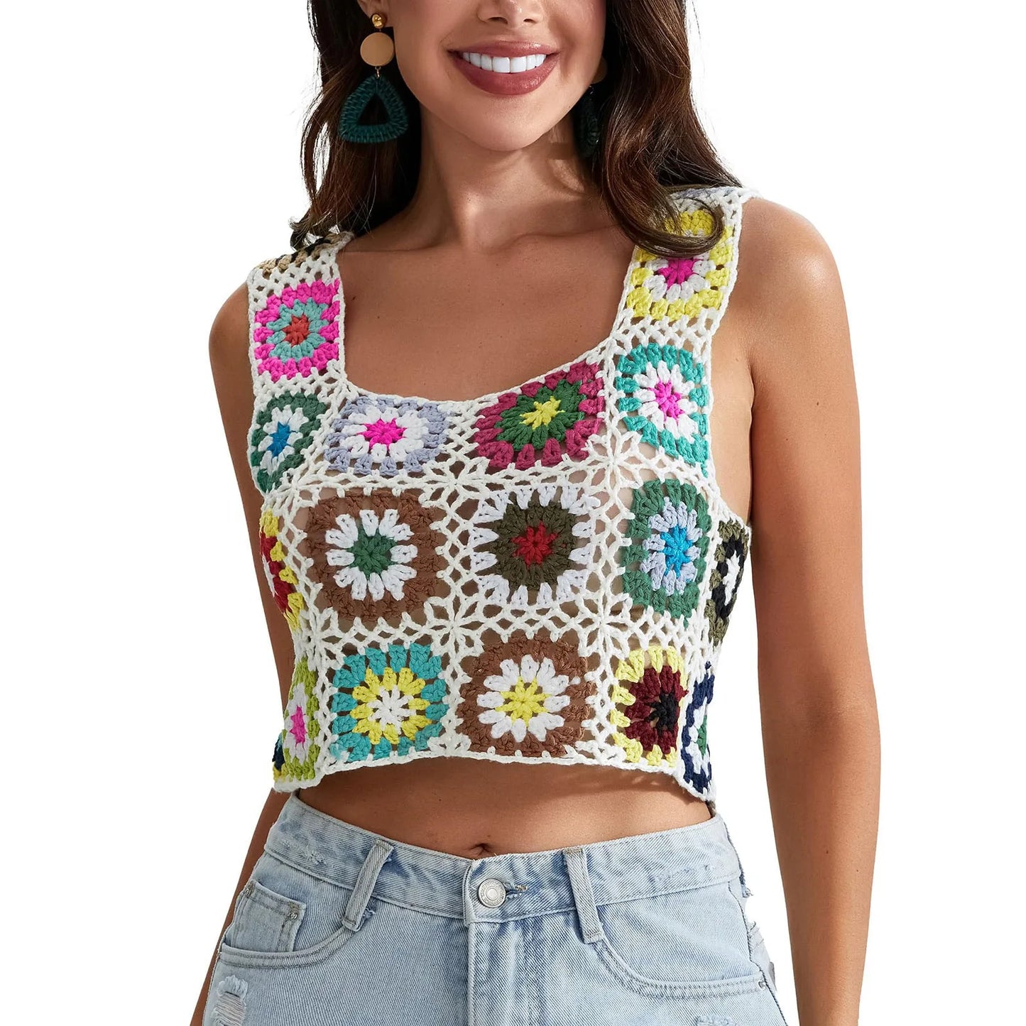 Womens Crochet Tank Top With Tassels Cover Ups Knit Colorful Floral Embroidery Summer Backless Camisole Fashion Casual Bohemian