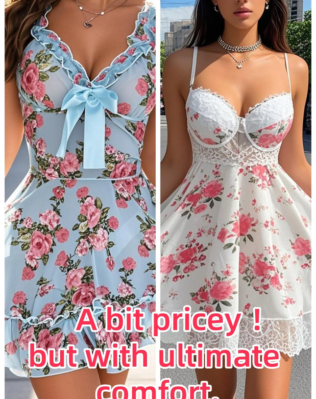 Floral-Print Satin & Lace V-Neck Cami & Shorts Two-Piece Set – Breathable Sexy Sleep & Beachwear