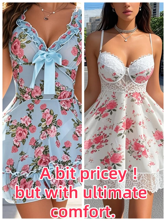 Floral-Print Satin & Lace V-Neck Cami & Shorts Two-Piece Set – Breathable Sexy Sleep & Beachwear