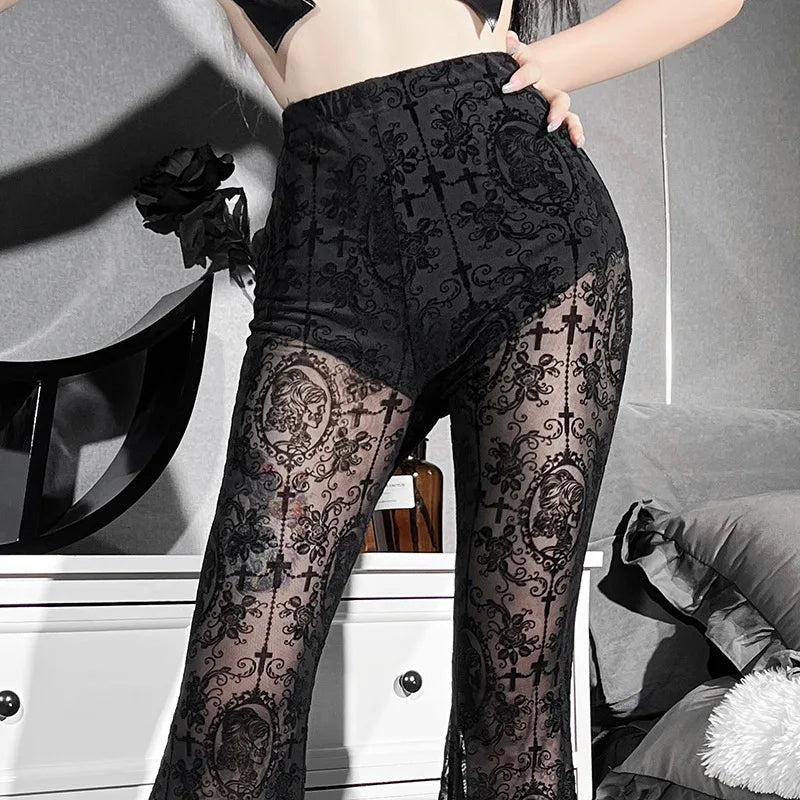 AltGoth Fairycore Grunge Gothic Pants Women Punk Sexy See Through Lace Patchwork Flare Pants Streetwear Vintage Trousers Female