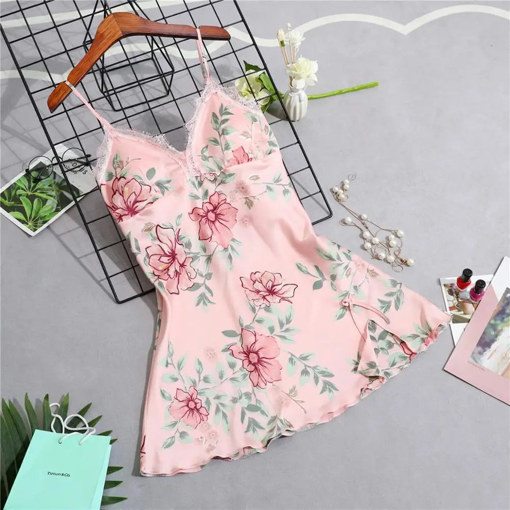 Women’s Silk Satin Lace-Trim Babydoll Nightgown with Chest Pad – Summer Sleep Chemise