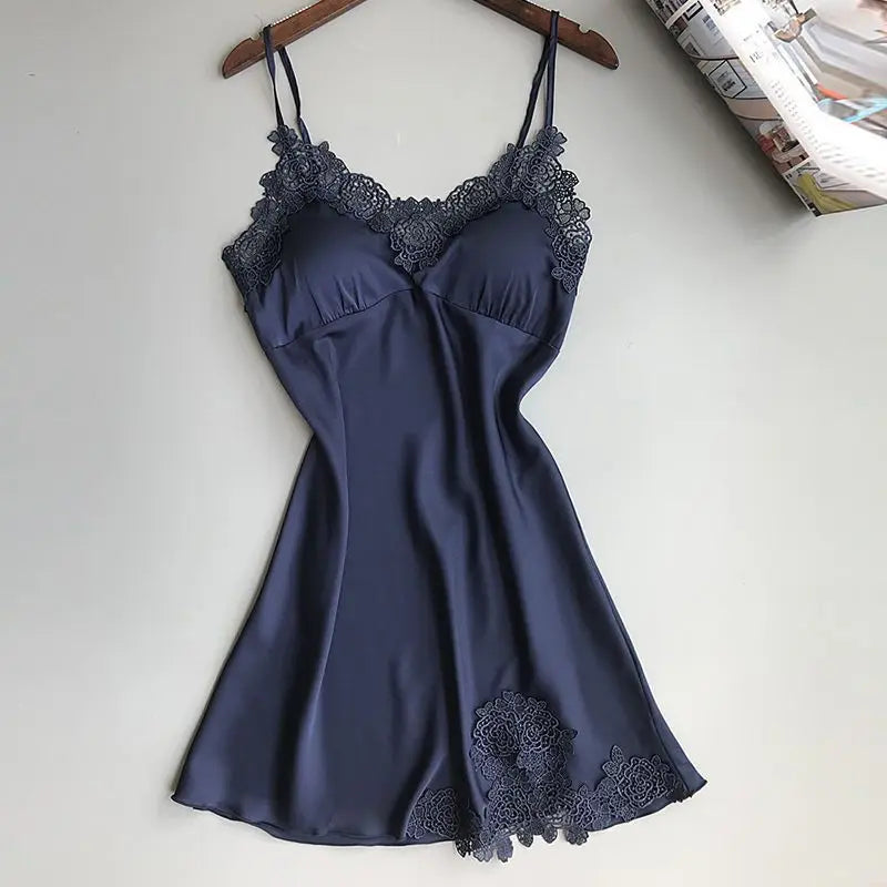 Women’s Silk Satin Lace-Trim Babydoll Nightgown with Chest Pad – Summer Sleep Chemise