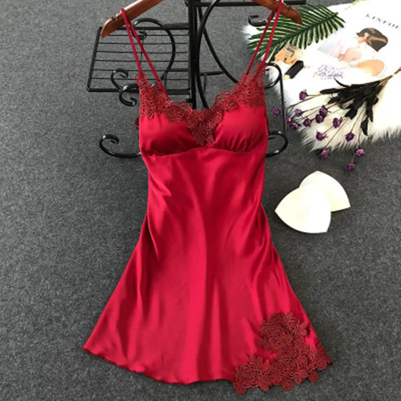 Women’s Silk Satin Lace-Trim Babydoll Nightgown with Chest Pad – Summer Sleep Chemise