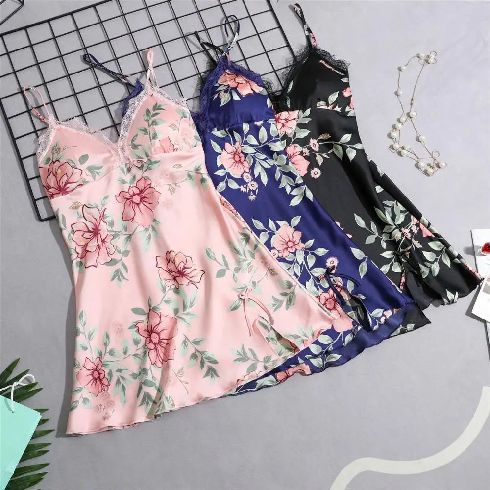 Women’s Silk Satin Lace-Trim Babydoll Nightgown with Chest Pad – Summer Sleep Chemise
