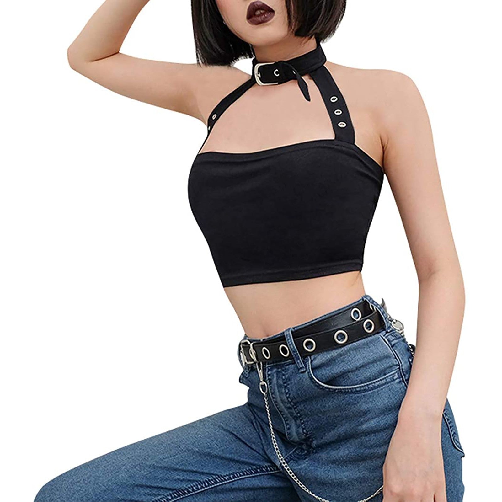 Sexy Punk Style Choker Halter Top Women Sexy Fashion Slim Cami Backless Choker Buckle Cropped Top Summer Crop Bandeau Tank Tops