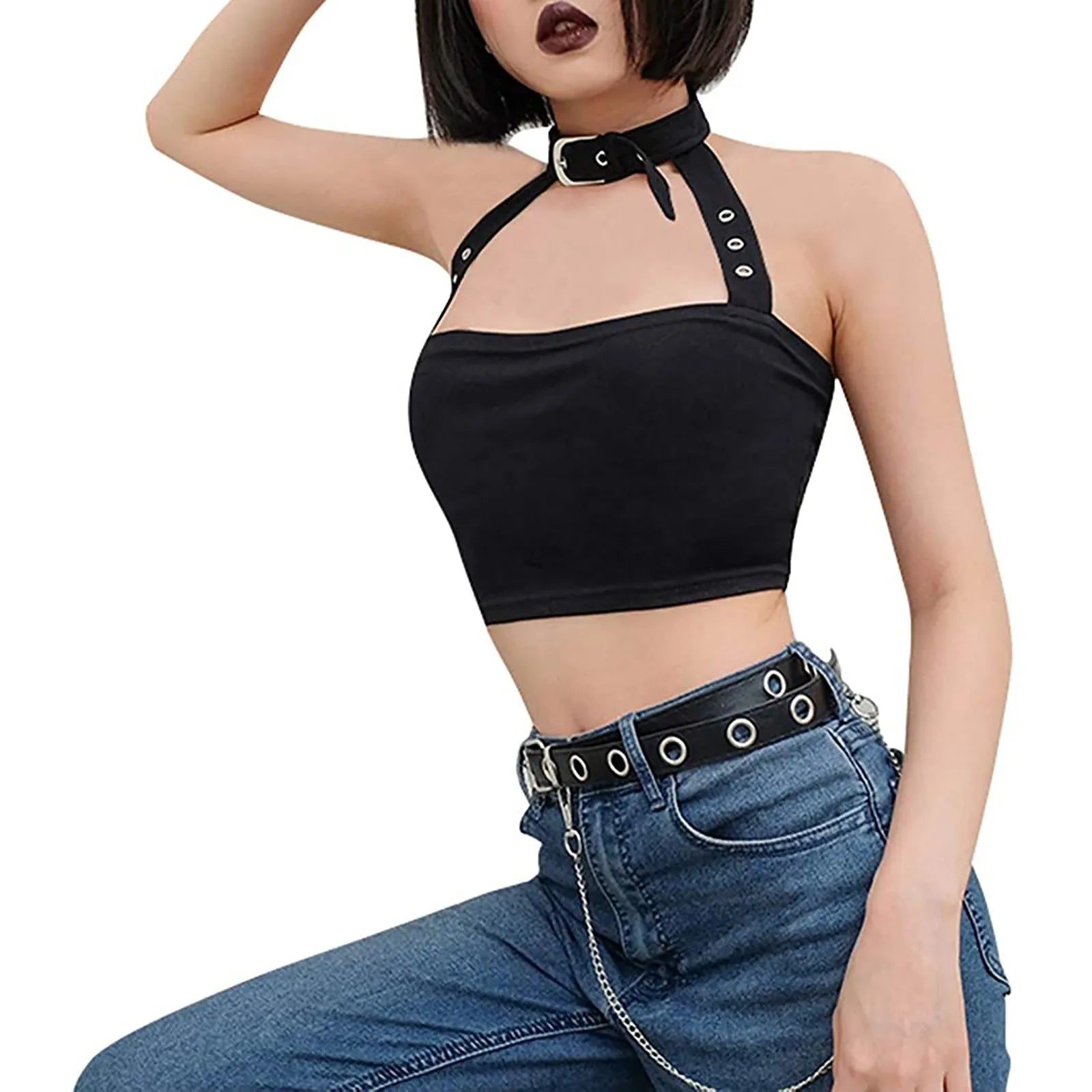 Sexy Punk Style Choker Halter Top Women Sexy Fashion Slim Cami Backless Choker Buckle Cropped Top Summer Crop Bandeau Tank Tops