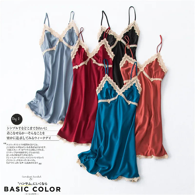 Women’s Silk Satin Lace-Trim Babydoll Nightgown with Chest Pad – Summer Sleep Chemise