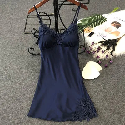 Women’s Silk Satin Lace-Trim Babydoll Nightgown with Chest Pad – Summer Sleep Chemise