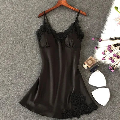 Women’s Silk Satin Lace-Trim Babydoll Nightgown with Chest Pad – Summer Sleep Chemise