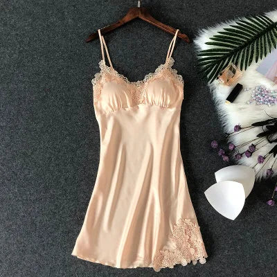 Women’s Silk Satin Lace-Trim Babydoll Nightgown with Chest Pad – Summer Sleep Chemise