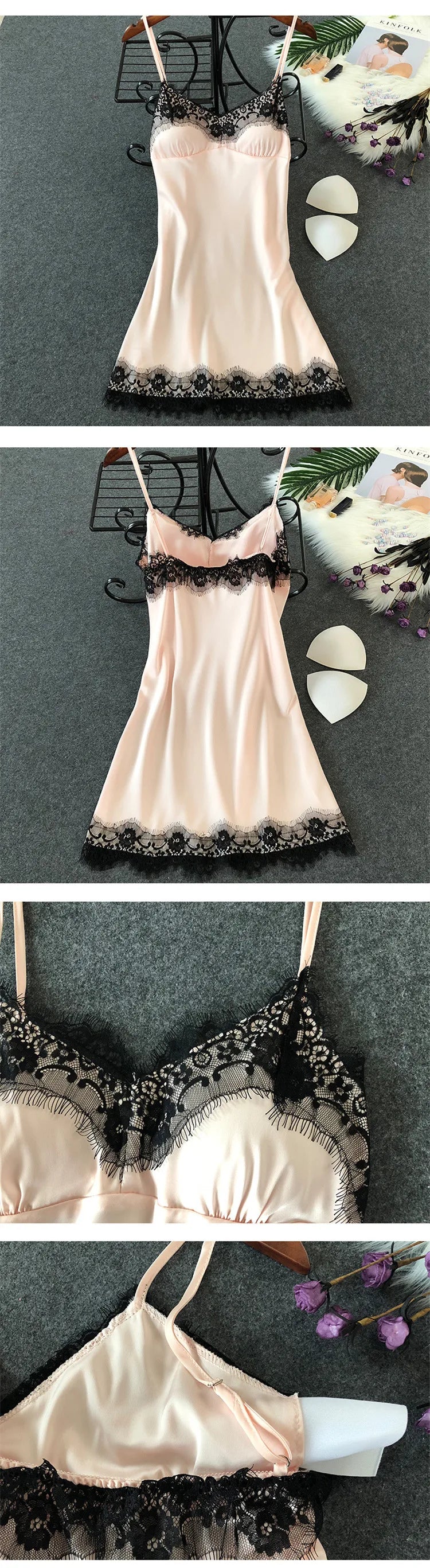 Women’s Silk Satin Lace-Trim Babydoll Nightgown with Chest Pad – Summer Sleep Chemise