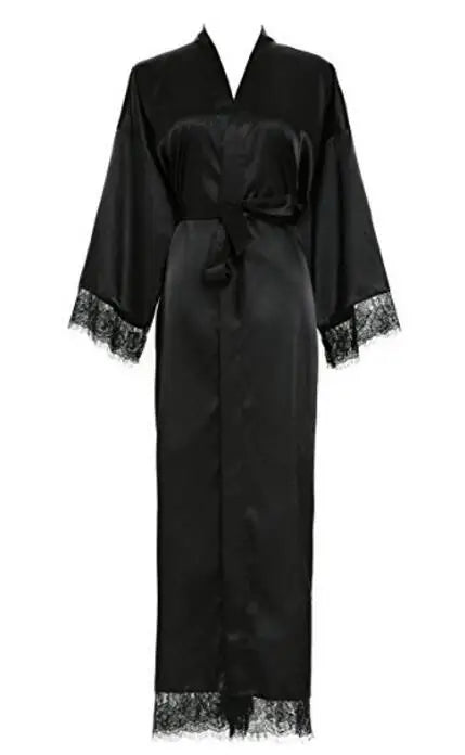 Summer Lace Patchwork Satin Kimono Robe Sexy Sleepwear Lingerie Chemises Women Silk Long Nightgown Wedding bridesmaid Robes