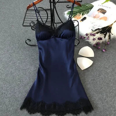 Women’s Silk Satin Lace-Trim Babydoll Nightgown with Chest Pad – Summer Sleep Chemise