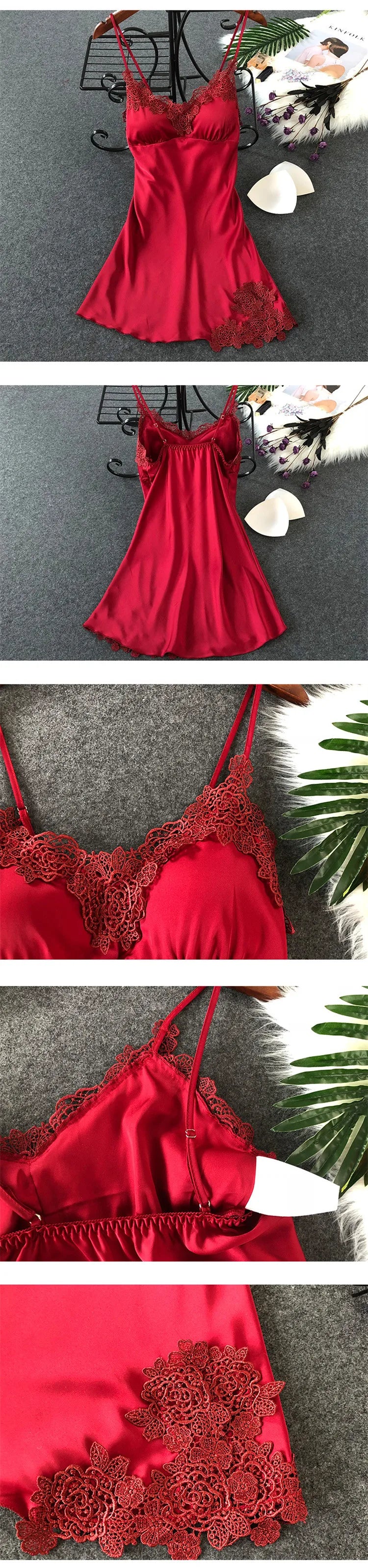 Women’s Silk Satin Lace-Trim Babydoll Nightgown with Chest Pad – Summer Sleep Chemise