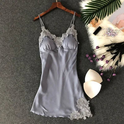 Women’s Silk Satin Lace-Trim Babydoll Nightgown with Chest Pad – Summer Sleep Chemise
