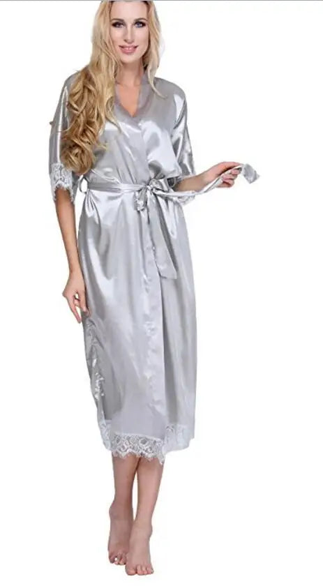 Summer Lace Patchwork Satin Kimono Robe Sexy Sleepwear Lingerie Chemises Women Silk Long Nightgown Wedding bridesmaid Robes