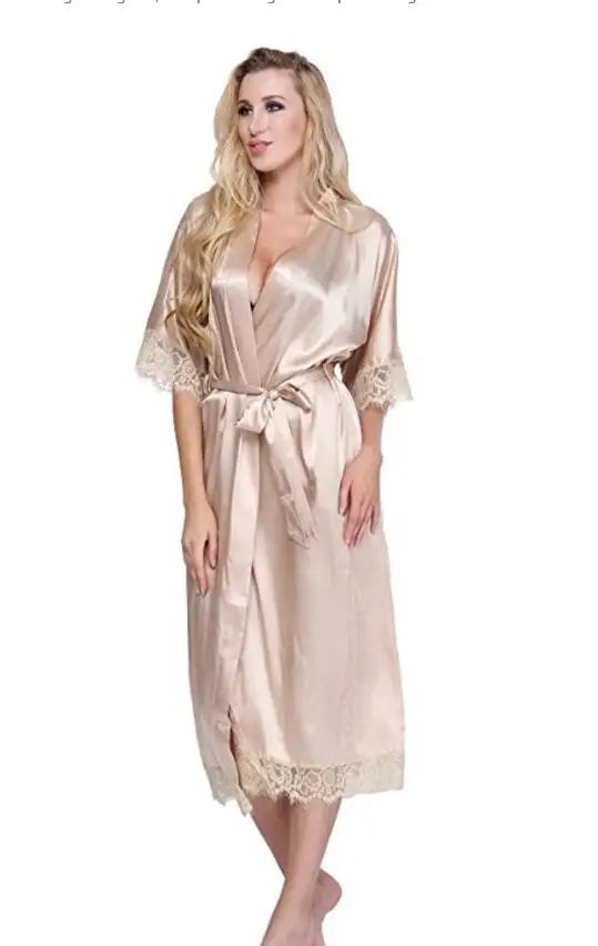 Summer Lace Patchwork Satin Kimono Robe Sexy Sleepwear Lingerie Chemises Women Silk Long Nightgown Wedding bridesmaid Robes