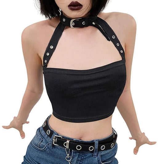 Sexy Punk Choker Halter Crop Top – Backless Slim Fit Gothic Cami Bandeau for Women
