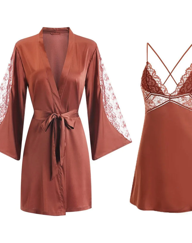 Women Sexy Robe Set Sleepwear Faux Silk Kimono Gown Lacee Lingerie Nightdress Soft Perspective Bridal Wedding Gift