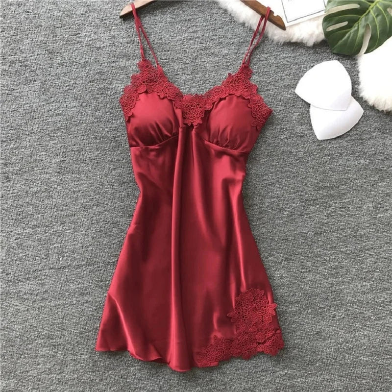 Women’s Silk Satin Lace-Trim Babydoll Nightgown with Chest Pad – Summer Sleep Chemise