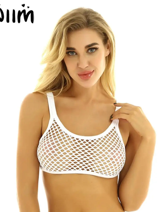 Womens Camisole Crop Tops Sexy Transparent Fishnet Mini Top Gym Party Tanks Sleeveless Hollow Out Vest Female Clubwear Tank Top