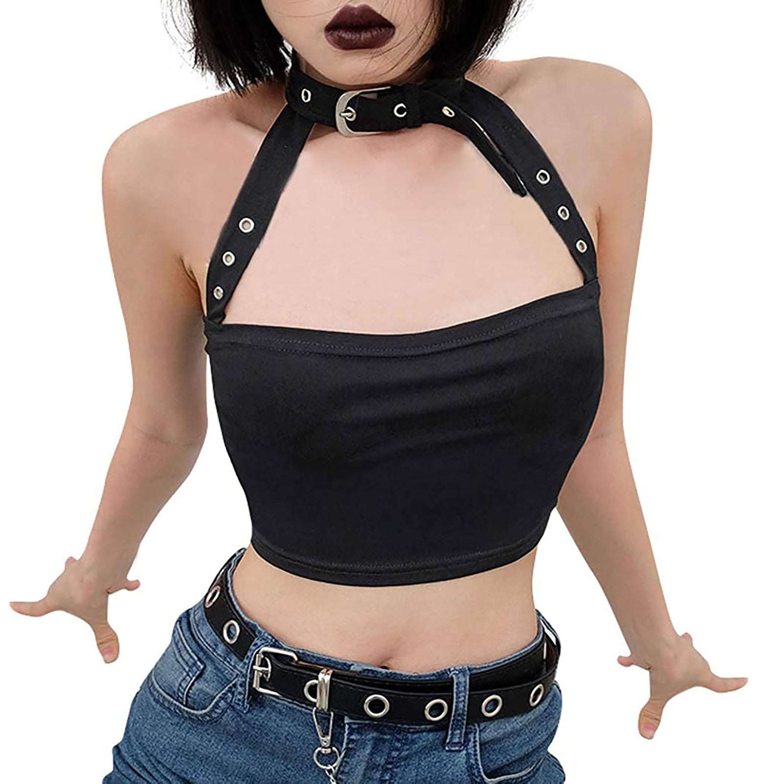 Sexy Punk Style Choker Halter Top Women Sexy Fashion Slim Cami Backless Choker Buckle Cropped Top Summer Crop Bandeau Tank Tops