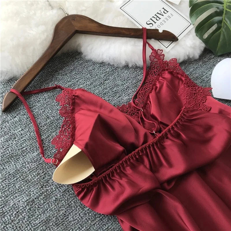 Women’s Silk Satin Lace-Trim Babydoll Nightgown with Chest Pad – Summer Sleep Chemise