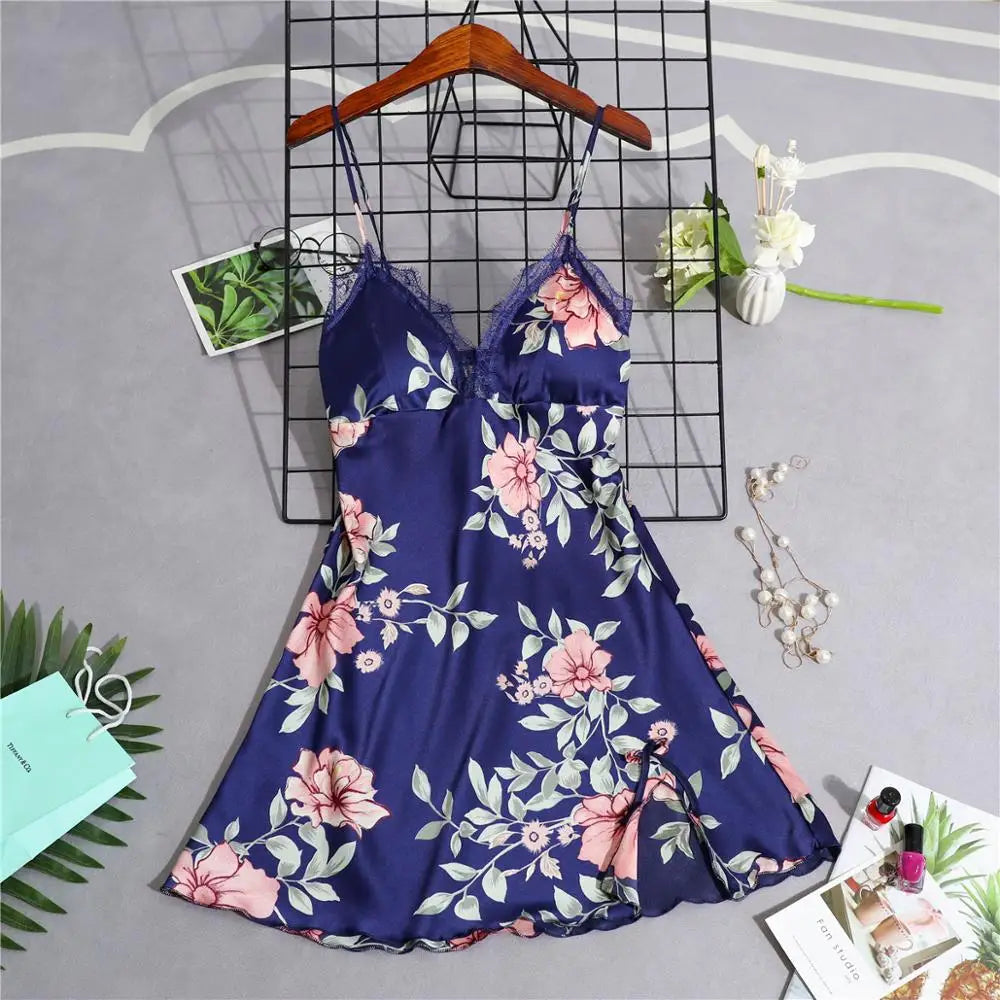 Women’s Silk Satin Lace-Trim Babydoll Nightgown with Chest Pad – Summer Sleep Chemise