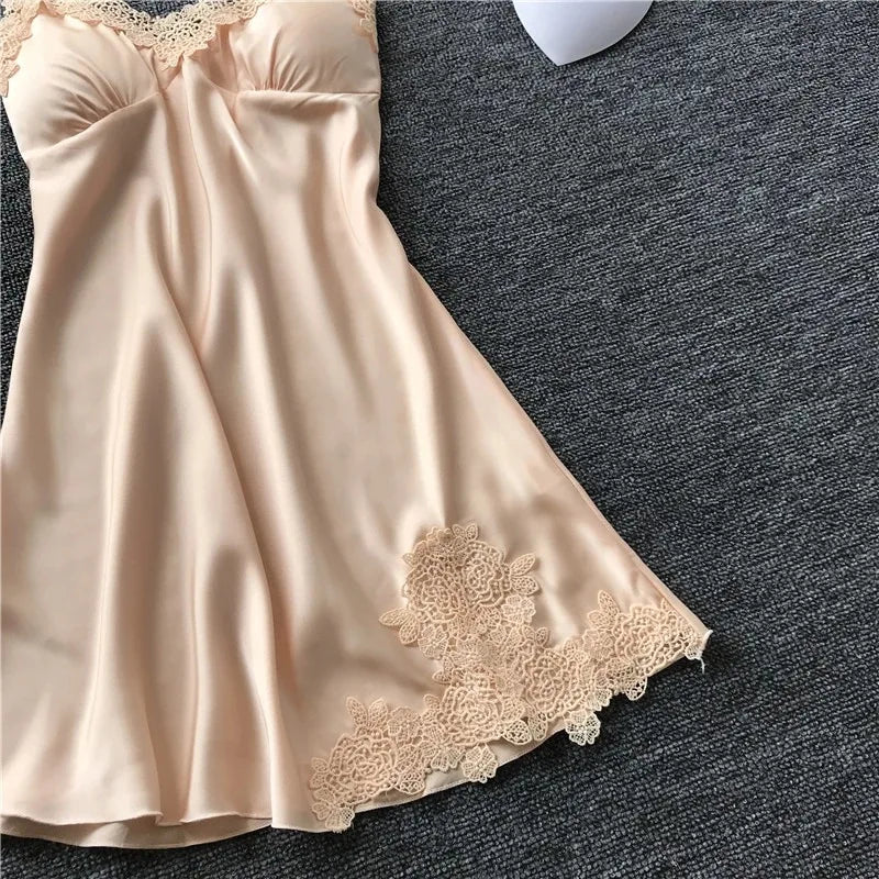 Women’s Silk Satin Lace-Trim Babydoll Nightgown with Chest Pad – Summer Sleep Chemise