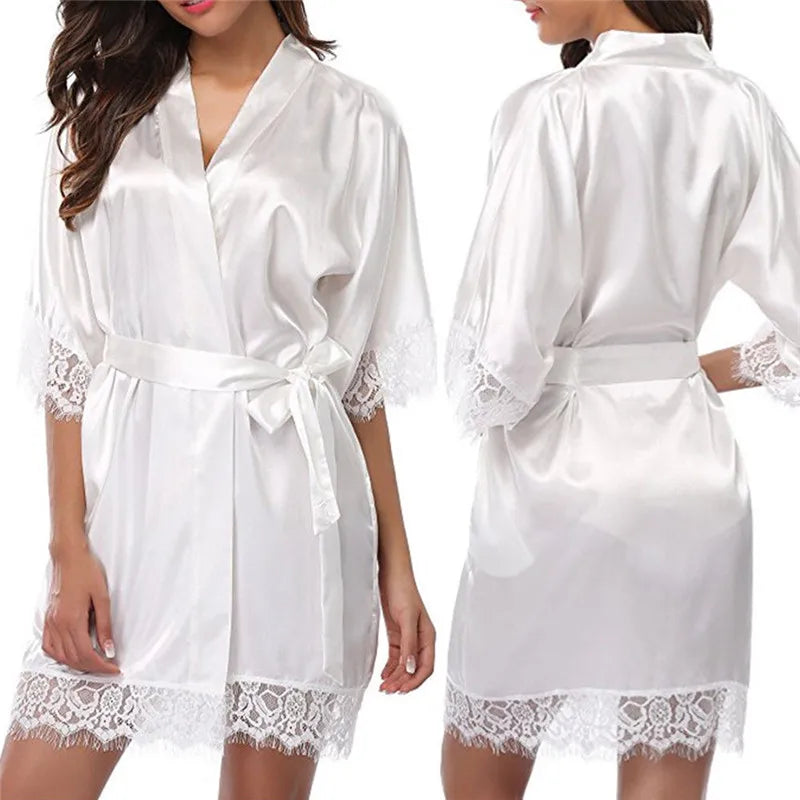 Sexy Lingerie Transparan Summer Sexy Women's Ladies Bride Robes Kimono Robe Satin Silk Lace Night Wear Gown Sleepwear