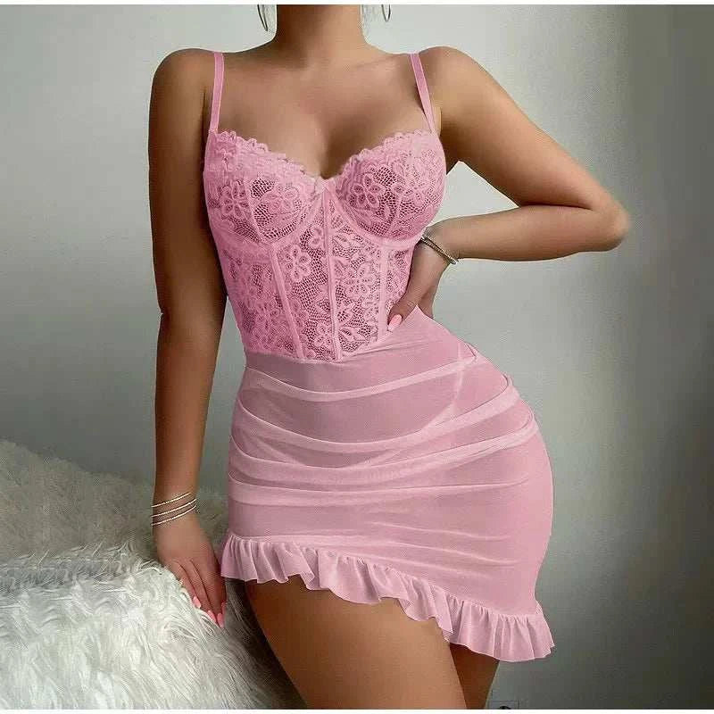 Transparent Underwire Bra Sexy Lace Fairy Lingerie Set Women Exquisite Sexy Lace Pajama Set Delicate See Through Lace Nightdres