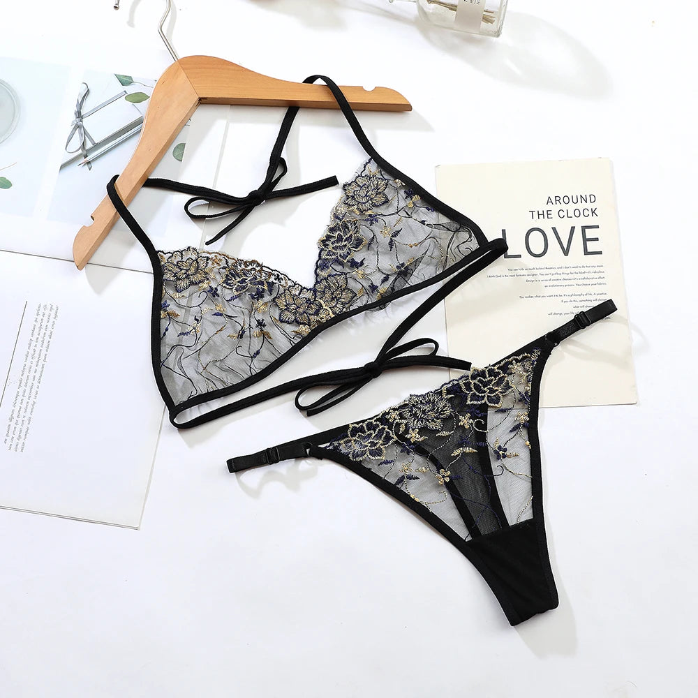 Women’s Ultra-Thin Transparent Mesh Lace Bralette & Brief Set – Backless Sexy Lingerie