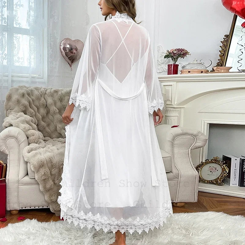 Sexy Sheer Mesh Robe Bride Wedding Robe Suit 2Pcs Lace Patchwork Night Dress Long Chemise Sleepwear Satin Lingerie Pajamas